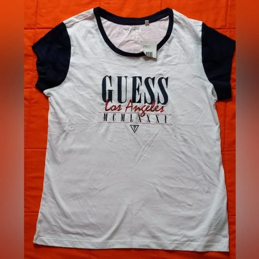 New GUESS Woman’s White Sequins Logo Tee Shirt Top T-shirt Sz XL